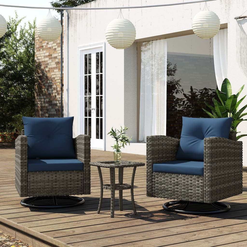 Outdoor 3-piece Swivel Chair Cushioned Rattan Conversation Set