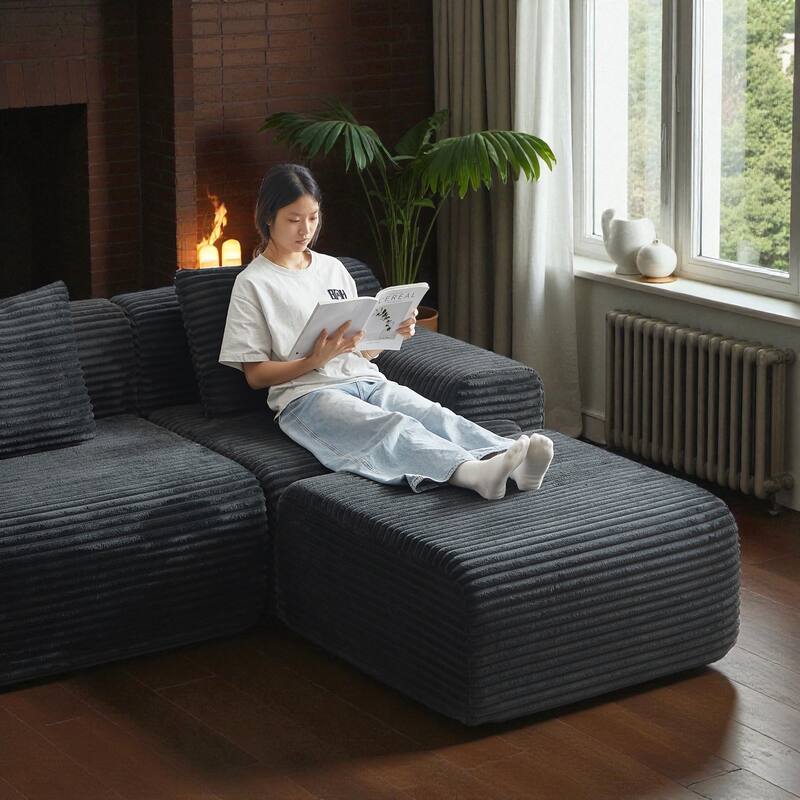 114" Corduroy Modular Sectional Sofa, Boneless Design with 4 Configurable Modules, Wide Backrest & 3 Pillows, No Assembly