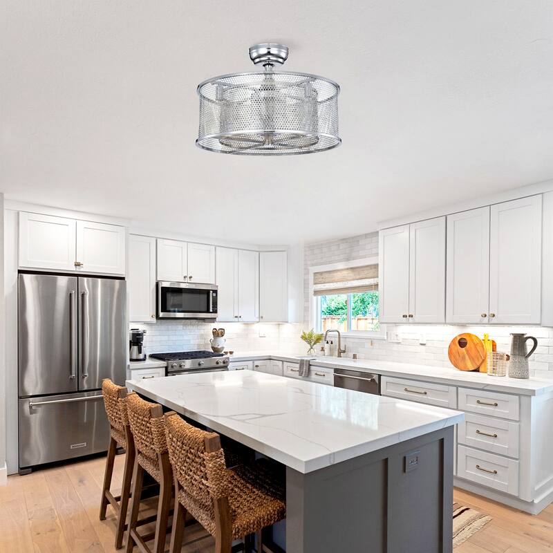Modern Dual Shade Ceiling Fan Light with 3 Blades and Speed Adjustment, Reversible Motor for Bedroom and Living Room - Chrome
