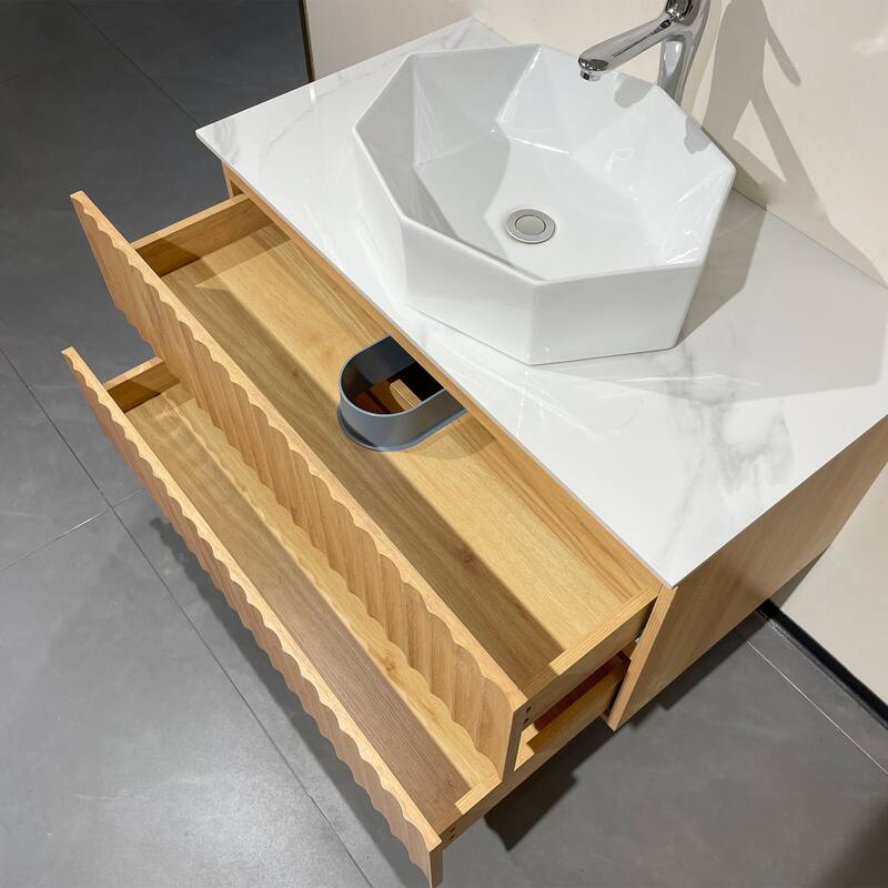 35.43" Floading Single Bathroom Vanities, With 2 Drawers, Glossy Sintered Stone Top, Light Wood