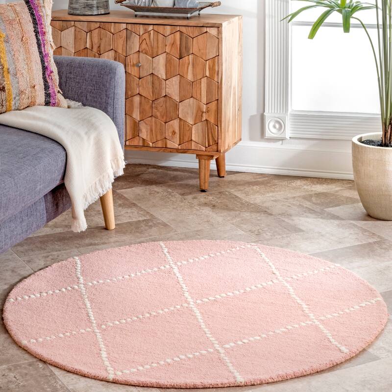 Nuloom Handmade Dotted Trellis Wool Kids Nursery Rug - Baby Pink - 6' x 6' - Round