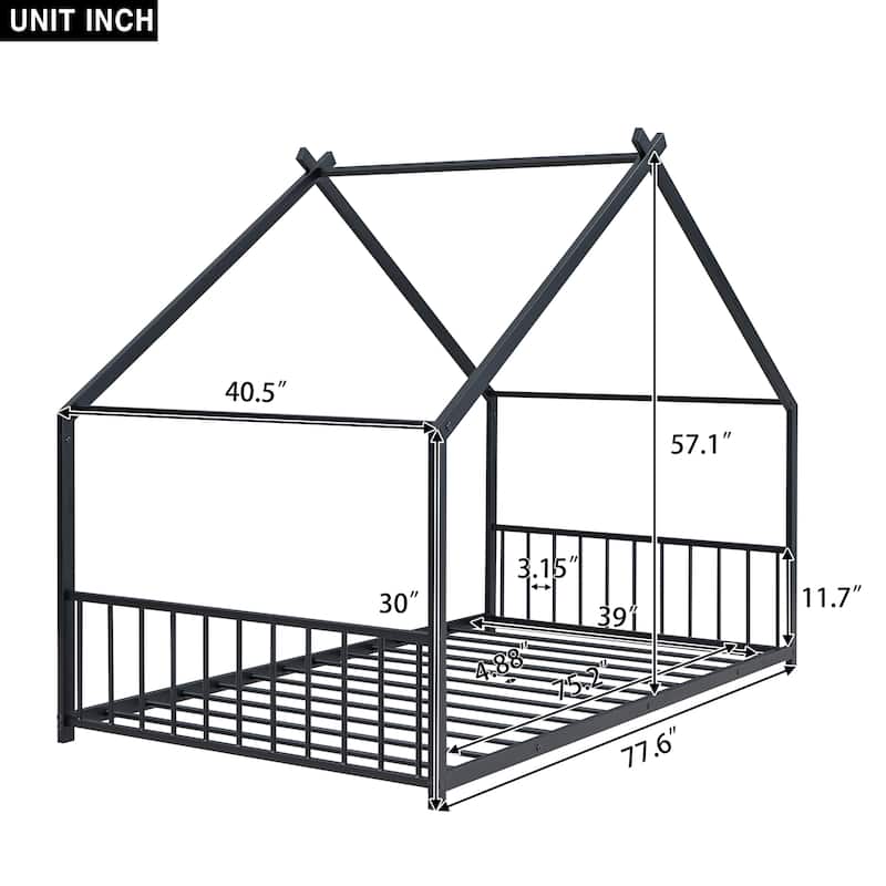 Metal House Bed with Roof, Fence, and Back