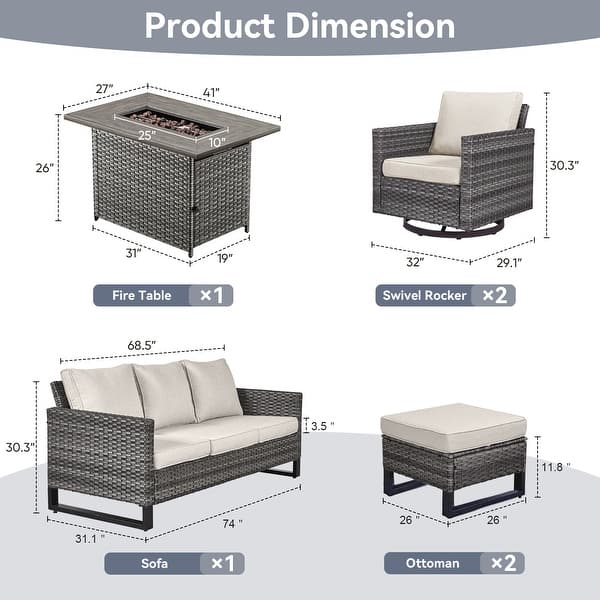 dimension image slide 15 of 24, Gymojoy Outdoor Fire Pit Conversation Set, Patio Furniture with Cushions
