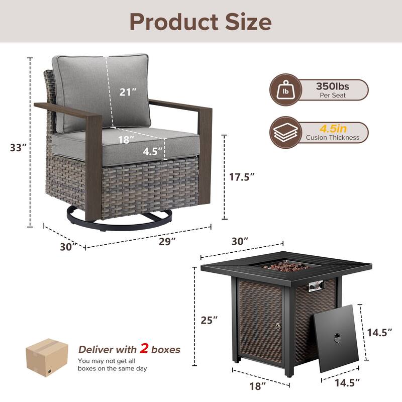 Meyreso 3-Piece Wicker Swivel Glider Metal Fire Pit Set with Plush 4.5" Olefin Cushions