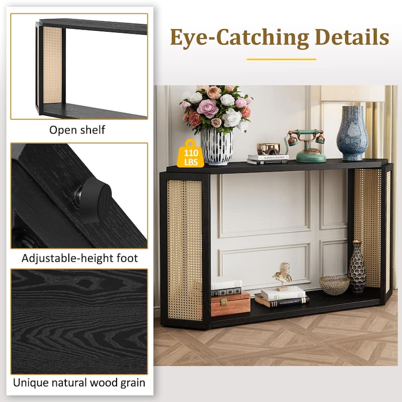 Rattan Console Table, Behind Couch Sofa Table with Unique Irregular Top & Open Storage Shelf Entryway Table Hallway Tables Black - Black
