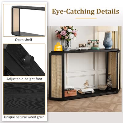 Rattan Console Table, Behind Couch Sofa Table with Unique Irregular Top & Open Storage Shelf Entryway Table Hallway Tables Black