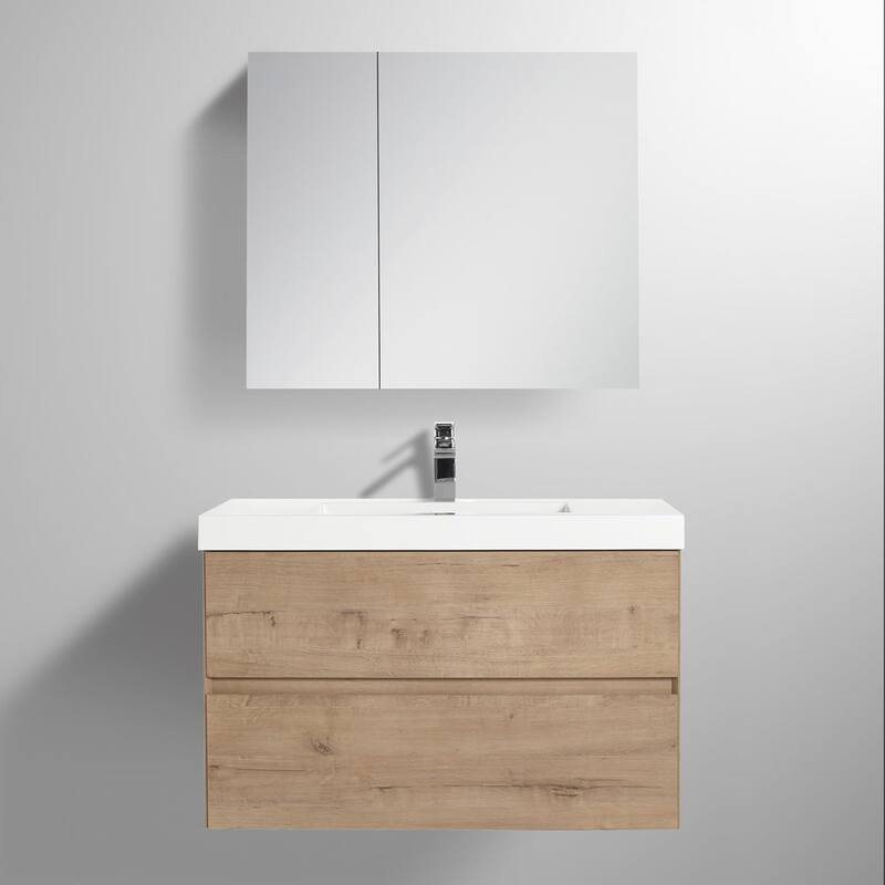 Blossom Assisi Glossy White 36 Inch Wall Mounted Bathroom Vanity with Acrylic Sink - Oak Finish - Classic Oak