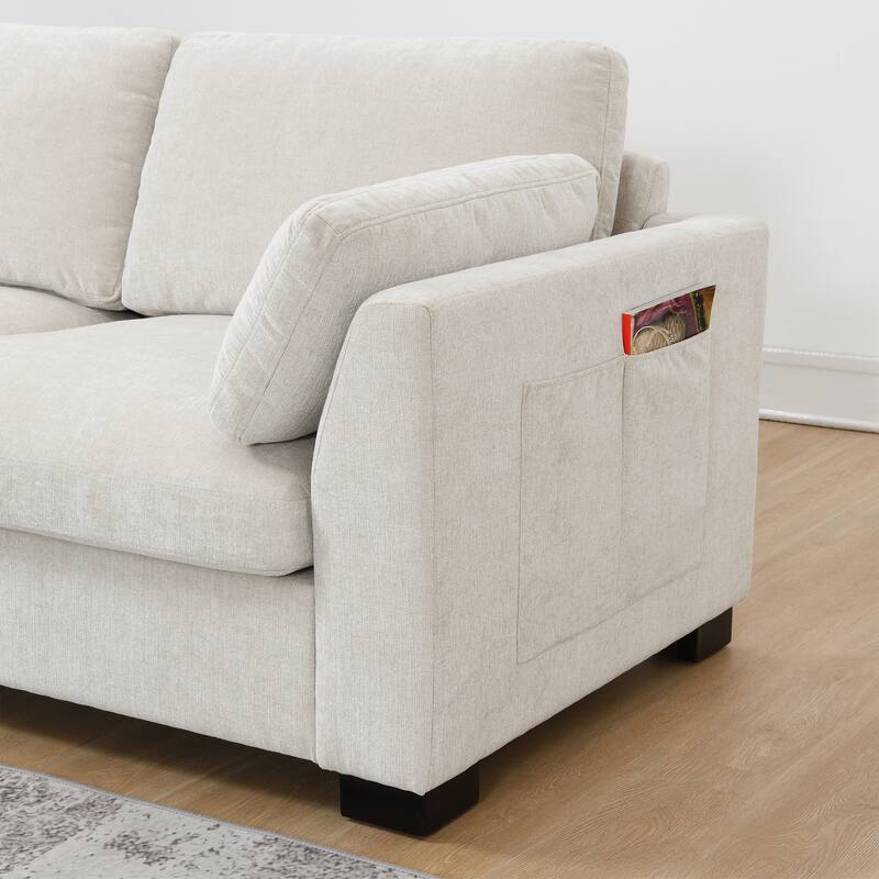 Modular L-Shaped Sectional Sofa with Foldable Table, Dual USB Charging, Side Storage Pockets and Movable Ottoman
