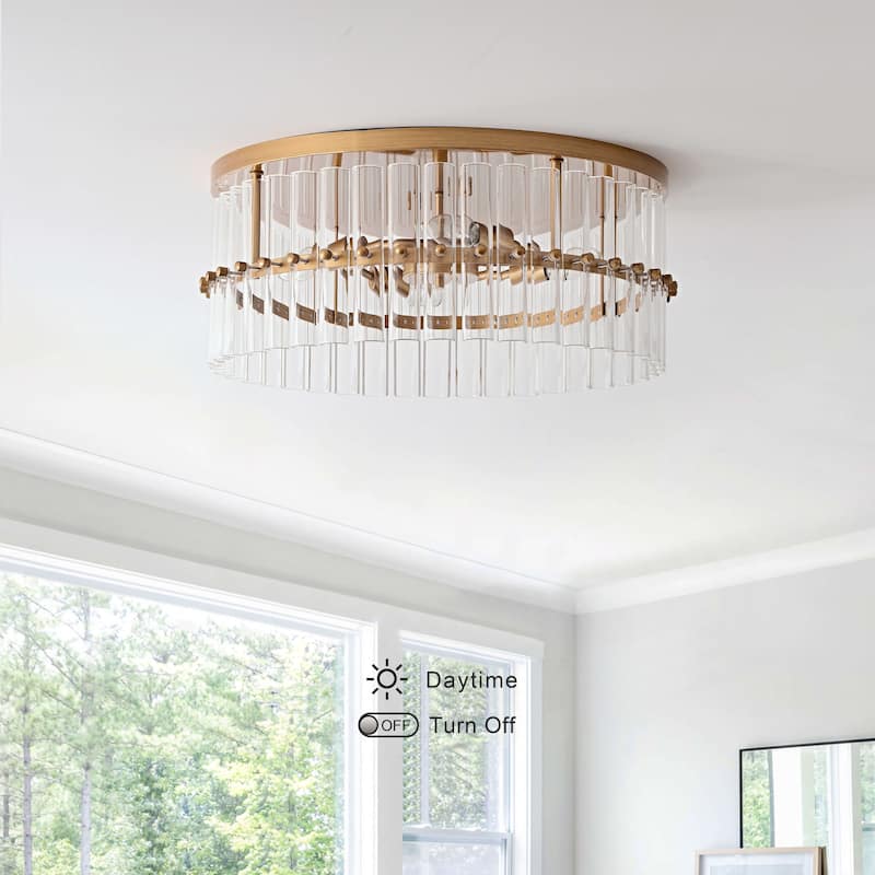 Casandra 18.7" 4-Light Hollow Half-cut Glass Drum Flush Mount - Brushed Brass