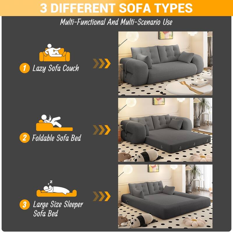 3-in-1 Lazy Loveseat 78.7" Floor Convertible Sofa Bed, Teddy Fabric Couch Sleeper with Pillows for Living Room & Playroom