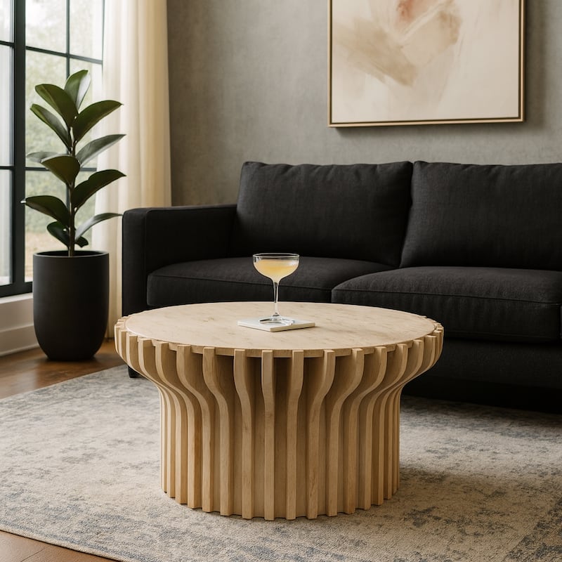 Decorative Travertine Accent Table with Wodden Carved Base- 25", White