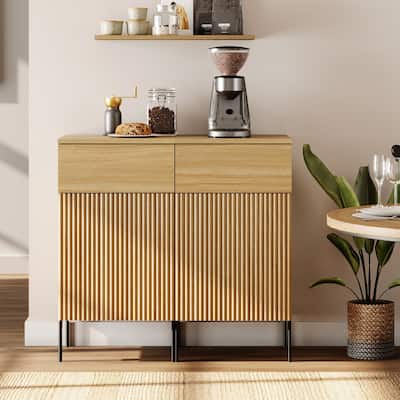 31.5" Wooden 2-Doors Sideboard With Charging Station, Modern Reeded Credenza Storage Cabinet