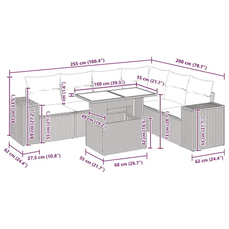 vidaXL Patio Sofa Set with Cushions Table and Couches 7 Piece Poly Rattan - 24.4" x 24.4" x 27.2"