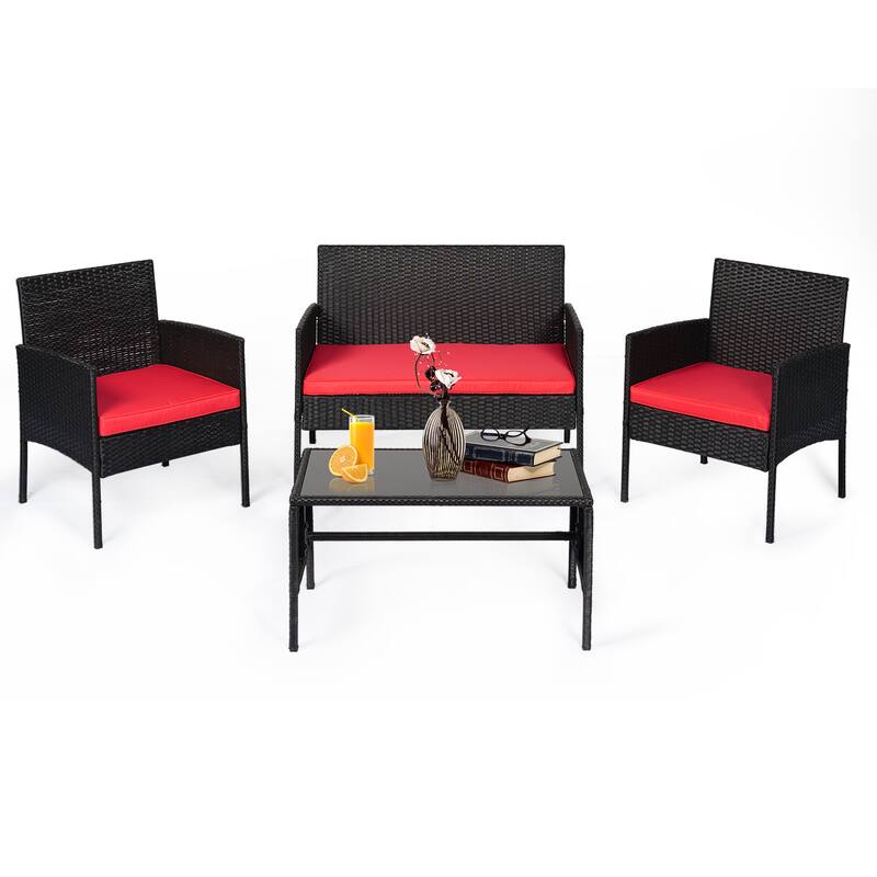 4 Piece Patio Conversation Wicker Furniture Set, Outdoor Rattan Sectional Furniture Set With Cushions for Yard Garden