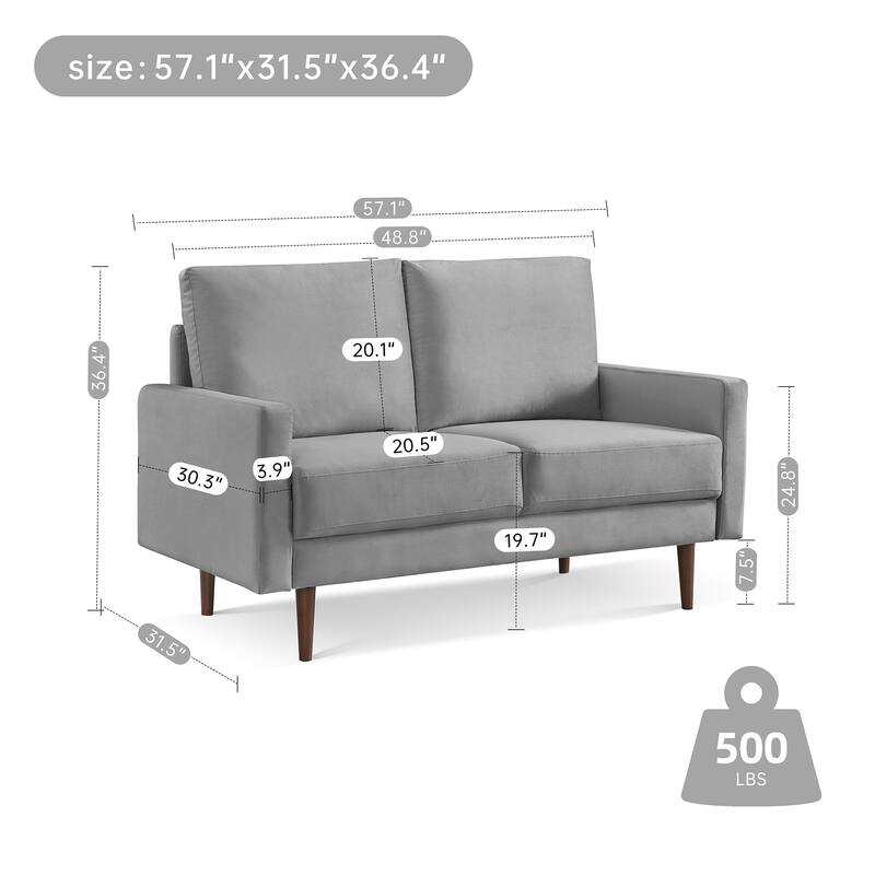 57 Inch Wide Upholstered Loveseat with Square Arms - N/A