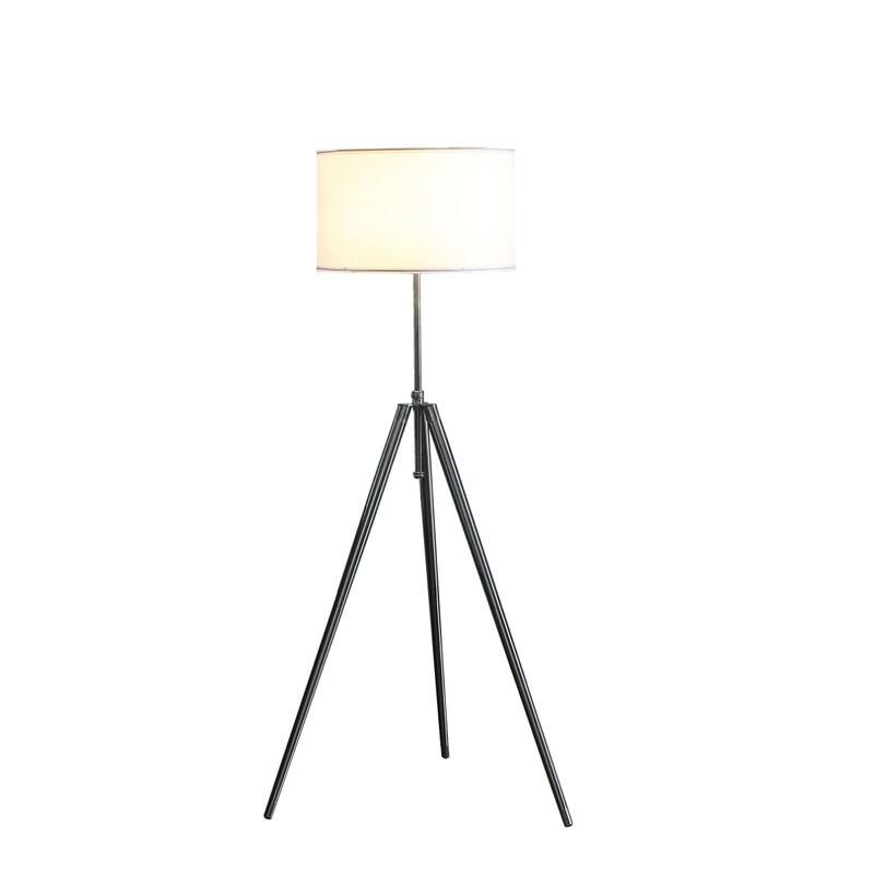 Silver Metal Adjustable Tripod Floor Lamp with White Fabric Shade In-Line Switch and Outlet - 25.5” x 25.5” x 64” (D x W x H)