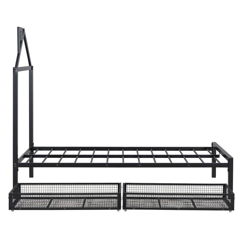 Twin Size Metal Platform Bed with two drawers, House-Shaped Headboard
