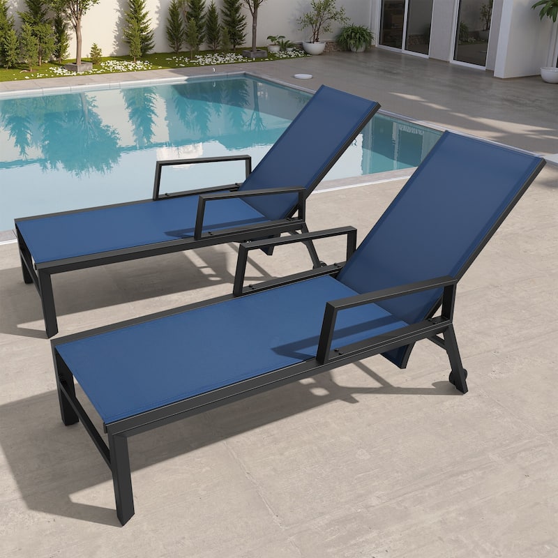 Outdoor Aluminum Adjustable Back Chaise Lounges with Wheels - Navy Blue - 2PC