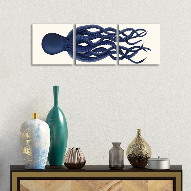 iCanvas "Giant Octopus Blue Panoramic" by Fab Funky 3-Piece Canvas Wall Art Set - 12x36x1.5