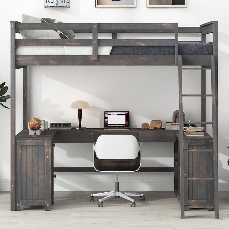 Antique Brown Full Size Solid Wood Loft Bed with Desk, Blackboard & Drawers