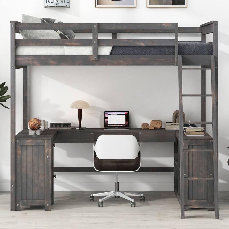 Full Size Loft Bed with U-shaped Desk, Drawers, and Storage Shelves in Antique Brown