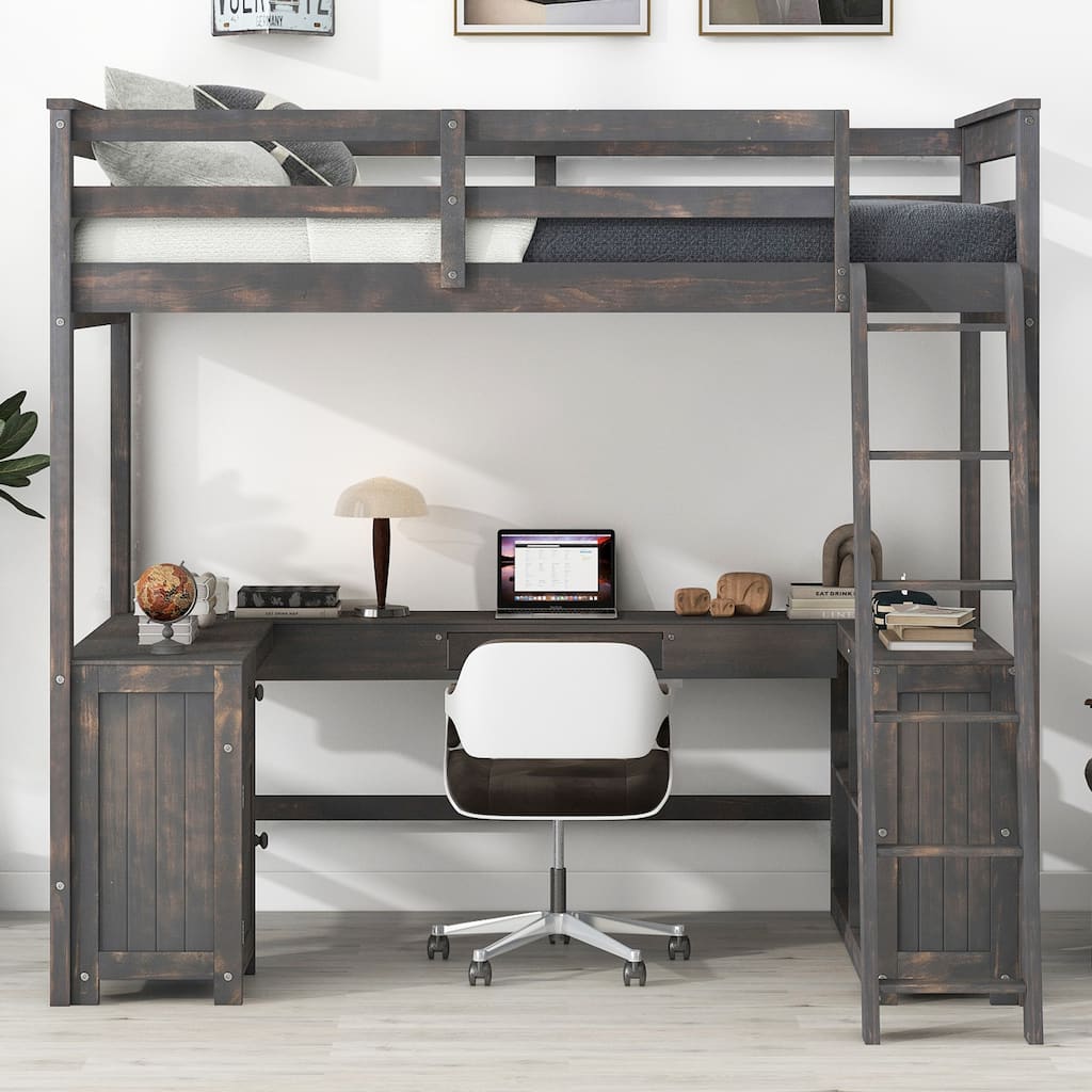 Full Size Wooden Loft Bed with U-shaped Desk, Drawers and Storage Shelves