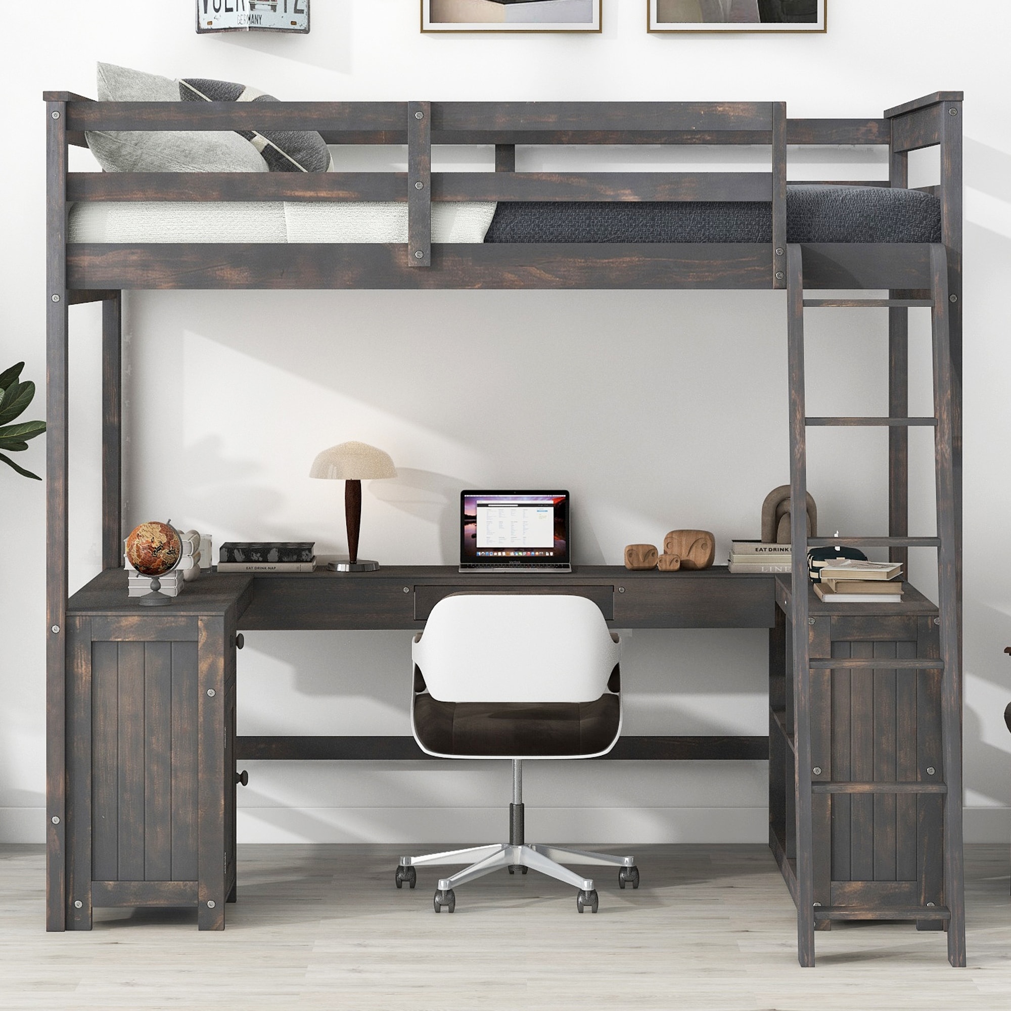 Loft Bed with U-shaped Desk, Drawers and Storage Shelves