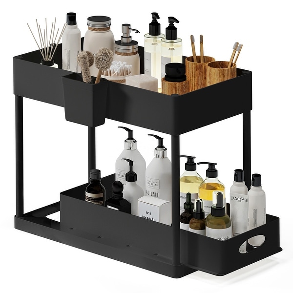 StorageBud 2 Tier Under Kitchen Sink Organizer with Sliding Drawer Bathroom Cabinet Organizer with Utility Hooks and Side Caddy Bed Bath Beyond 36856188
