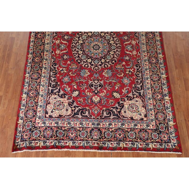 Traditional Red Mashad Persian Vintage Rug Hand-Knotted Wool Carpet - 6'7"x 10'0"