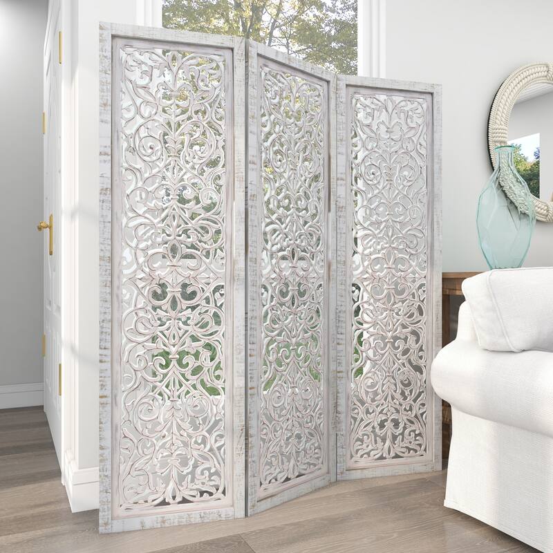 White Wooden Handmade Hinged Foldable Partition 3 Panel Floral Partition Room Divider Screen with Intricate Carved Design