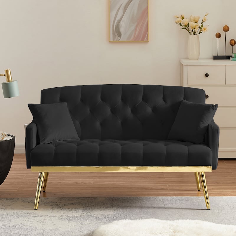 Velvet Loveseat, Upholstered Tufted Couch with 2 Pillow and 2 Pockets Lounge Couch, 2 Seater Couch with 4 Metal Legs