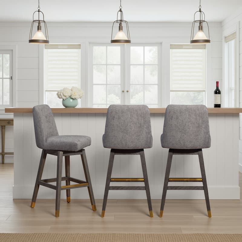 Amalie Upholstered Bar Stool, Swivel Counter Chair with Solid Wood Frame - Set of 3 - Grey & Mocha Fabric - Bar Height