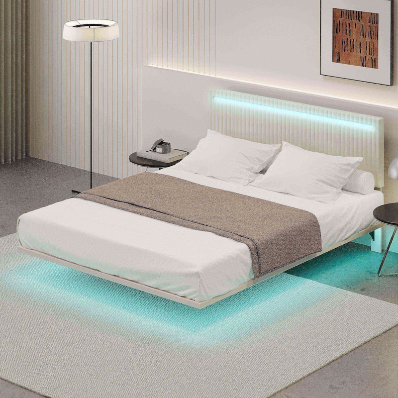 Upholstered Platform Bed with RGB Sensor Lights & Vertical Channel Design - No Box Spring Needed