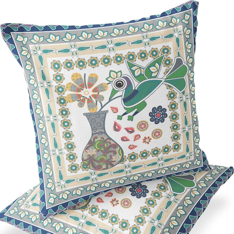 HomeRoots Set of Two 16" X 16" Green and Yellow Peacock Blown Seam Floral Indoor Outdoor Throw Pillow - 16.00' X '16.00' X '5.00