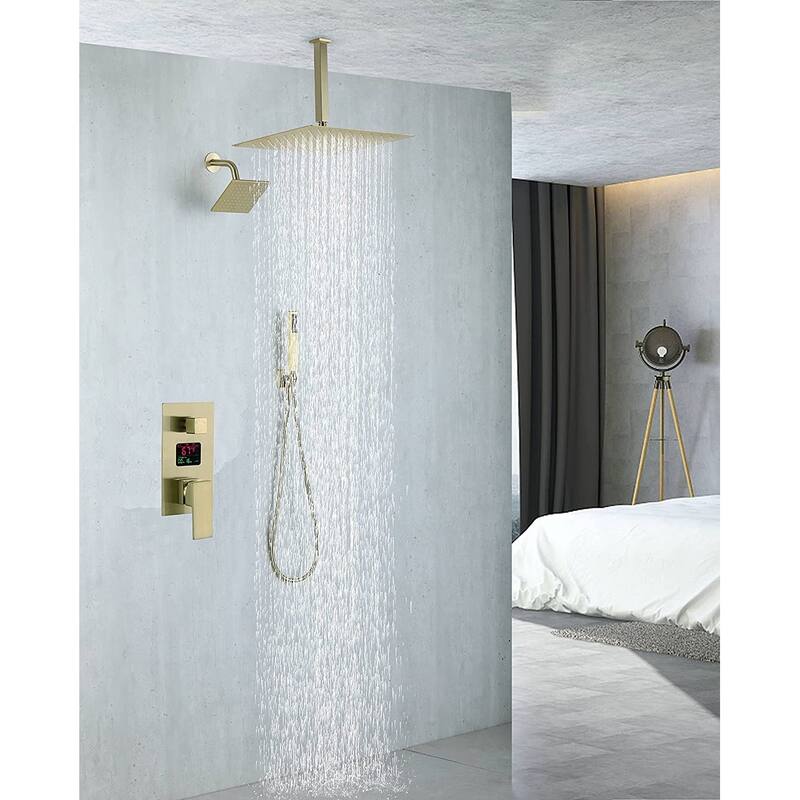 Brushed gold ceiling mounted dual shower head 3 way digital display anti scald shower system - 7'6" x 10'9"