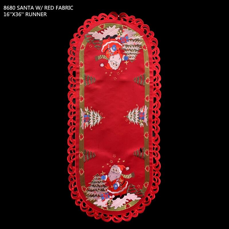 Santa Red Embroidered Cutwork Rectangular Table Runner, 15 by 34 inch