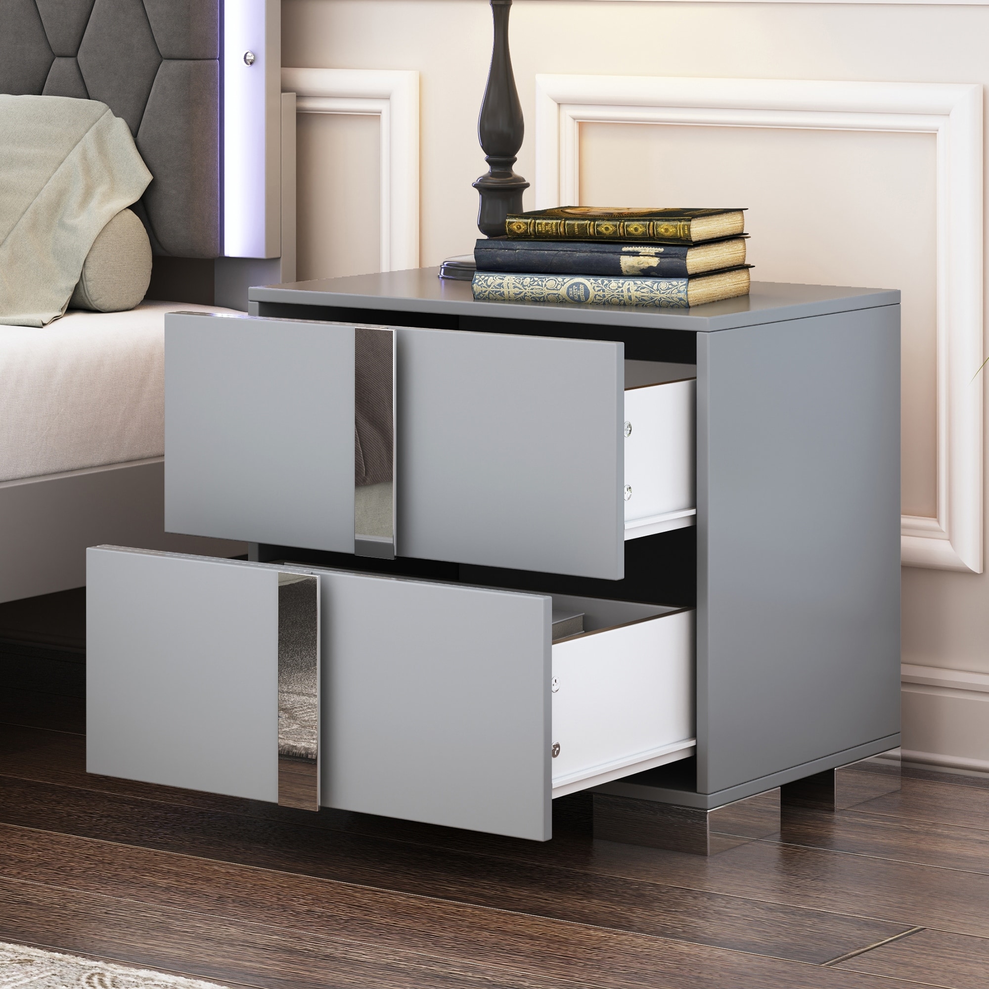 Elegant Nightstand Storage Cabinet with Metal Foot, Bedside Table Corner Table with 2 Drawers for Bedroom