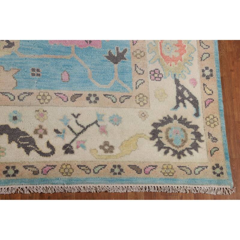 Light Blue Floral Oushak Oriental Area Rug Hand-Knotted Wool Carpet - 8'11"x 11'9"