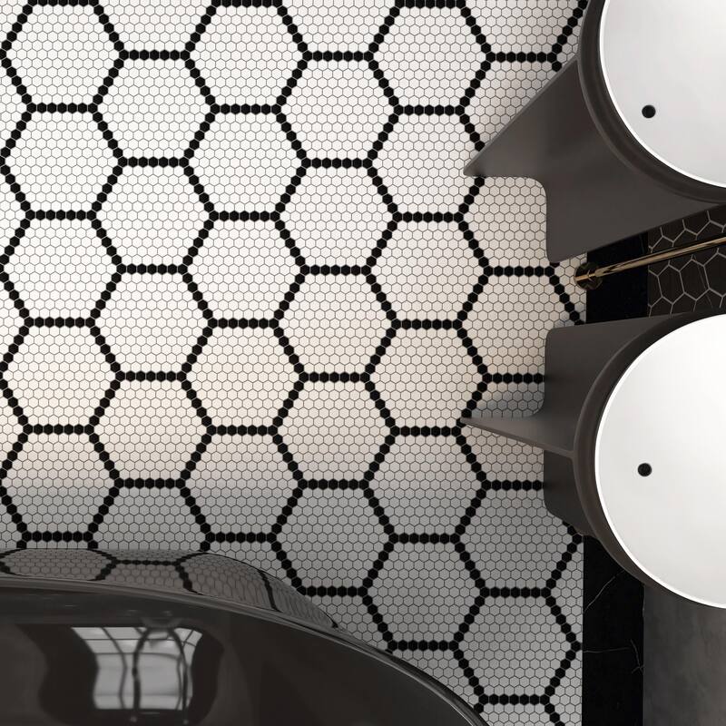 Merola Tile Metro Geo 1" Hex Matte White w/Black Edge 10-1/2" x 11-5/8" Porcelain Mosaic Floor and Wall Tile