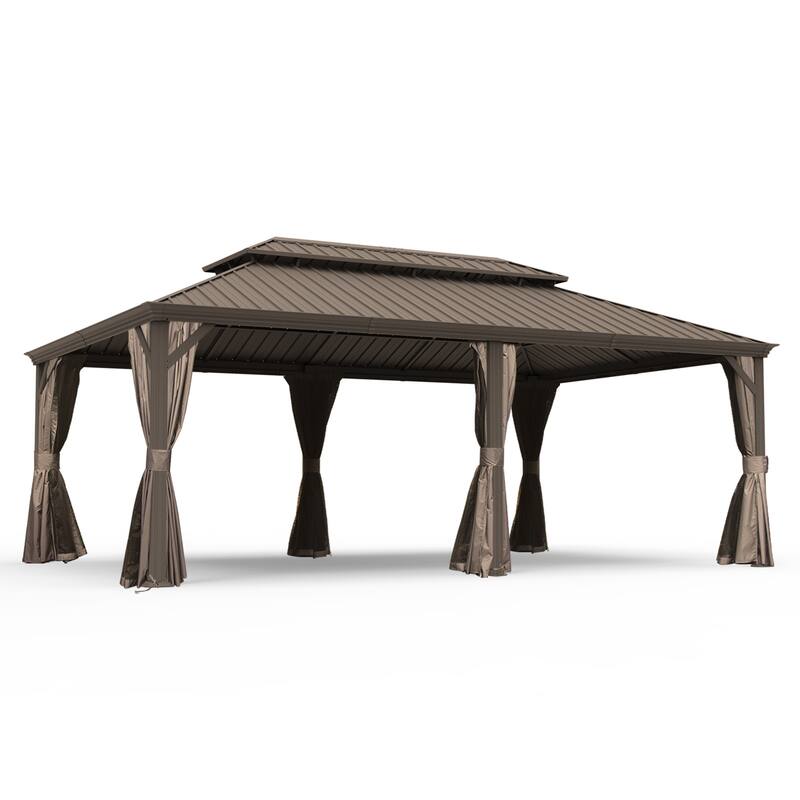14' X 24' Hardtop Gazebo with Drainage System, Galvanized Steel Roof, Curtains and Netting, Outdoor Shelter for Patio, Garden