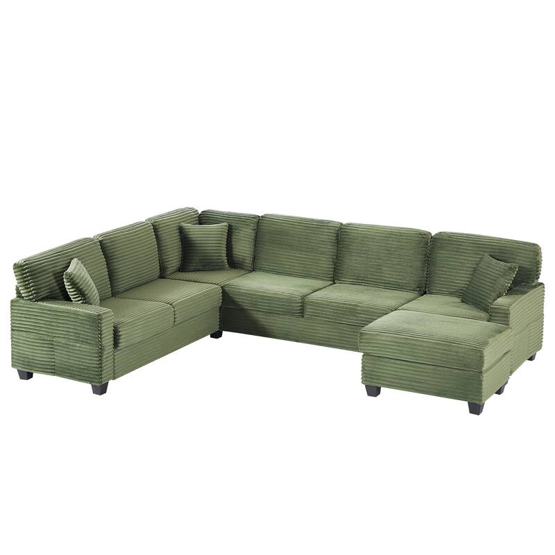 U Shaped Sectional Sofa with 1 Movable Ottoman, Corduroy Upholstered 6 Seater Sofa, Corner Sofa with Storage Pockets