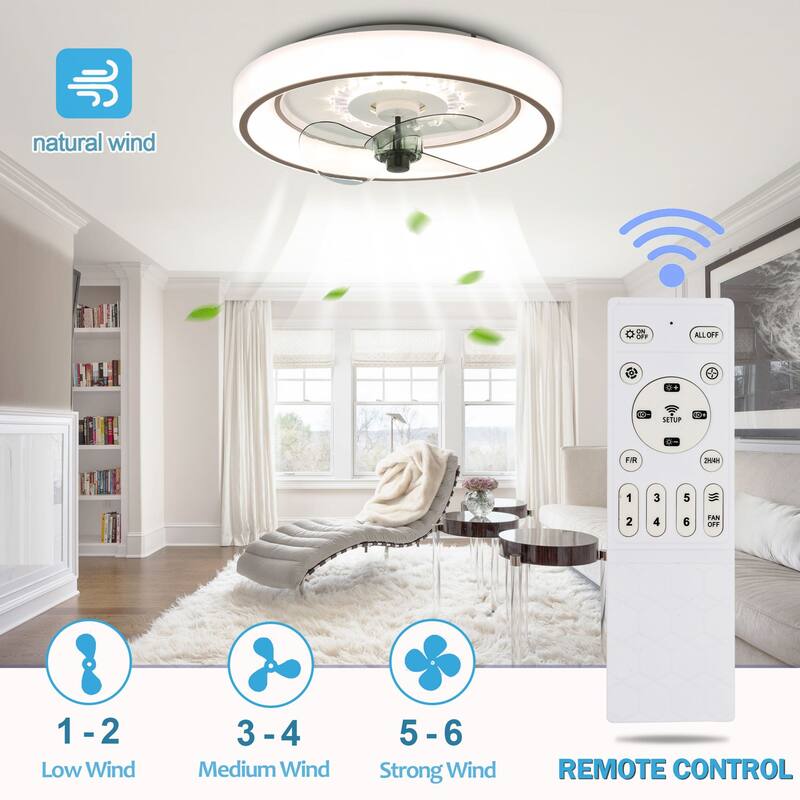 19" Oaks Aura Smart App Remote Dual Control Low Profile Ceiling Fan with Light, 6-Speed Flush Mount Ceiling Fan - White