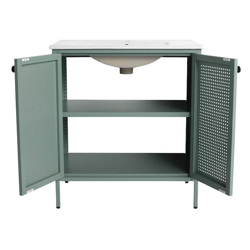 Bathroom Vanity with Ceramic Sink, Freestanding Bathroom Storage Cabinet, Bathroom Vanities with 2 Doors & Adjustable Shelves