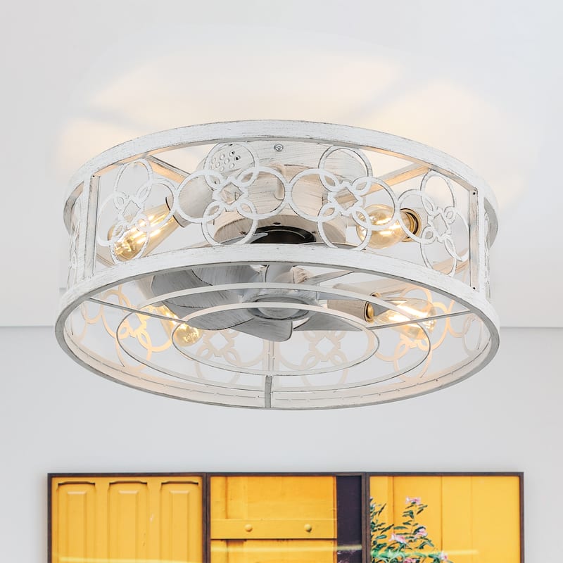 20" Vintage Cream White Caged Light Ceiling Fan, Flush Mount Drum Shaped Classic Ceiling Fan for Bedroom - Off-White