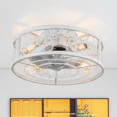 20" Vintage Cream White Caged Light Ceiling Fan, Flush Mount Drum Shaped Classic Ceiling Fan for Bedroom