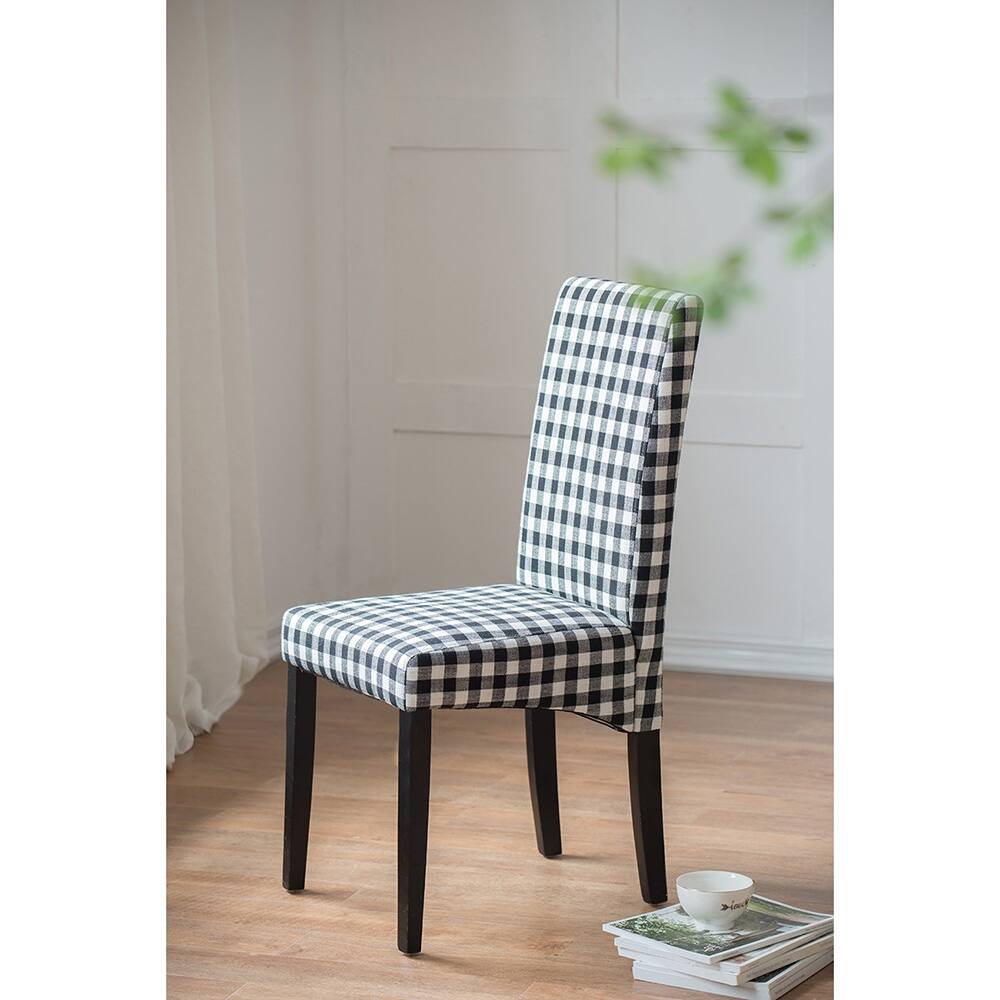 White Gingham Pattern Fabric Wood Leg Dining Chair (Set of 2)