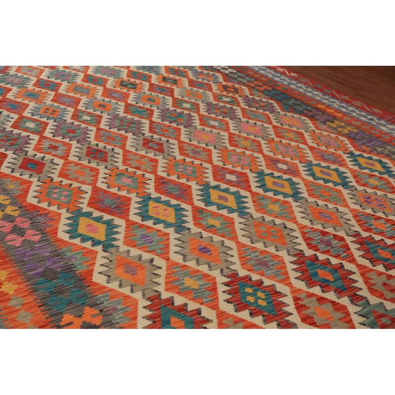 Geometric Kilim Oriental Large Rug Hand-Woven Southwestern Wool Carpet - 10'2"x 16'1"