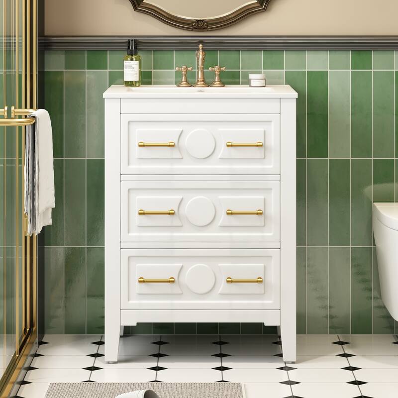24'' Bathroom Vanity with Ceramic Sink Combo, Freestanding Single Vanity Set with 3 Drawers, Solid Wood Frame - White