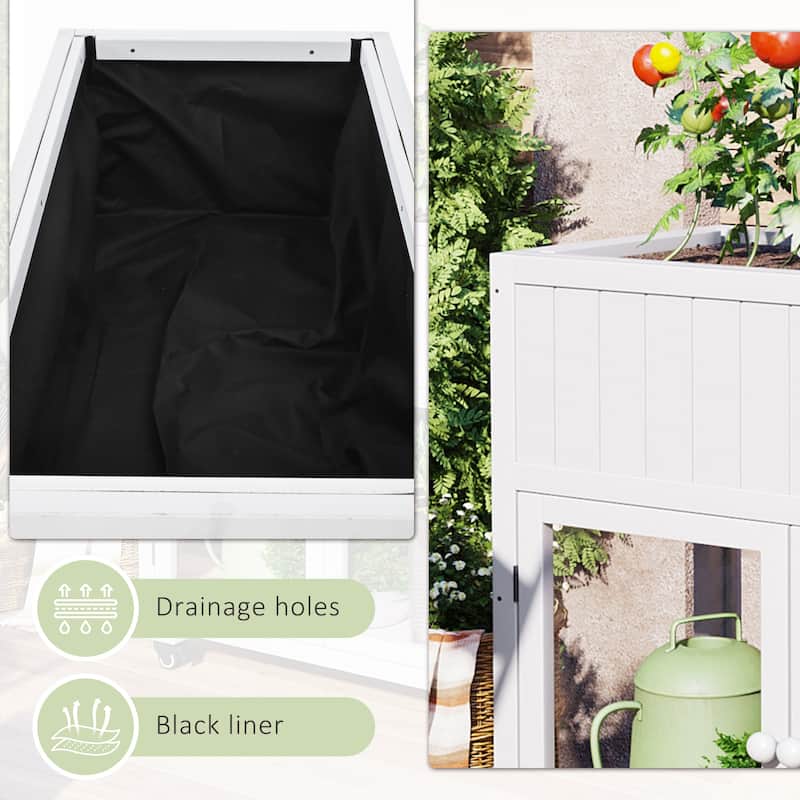 35.4" Wood Garden Greenhouse with Wheels,2 Doors and Liner