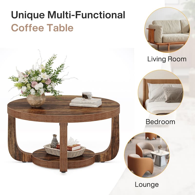 2-Tier Round Coffee Table, Wooden Accent Center Table for Living Room, Brown - Large
